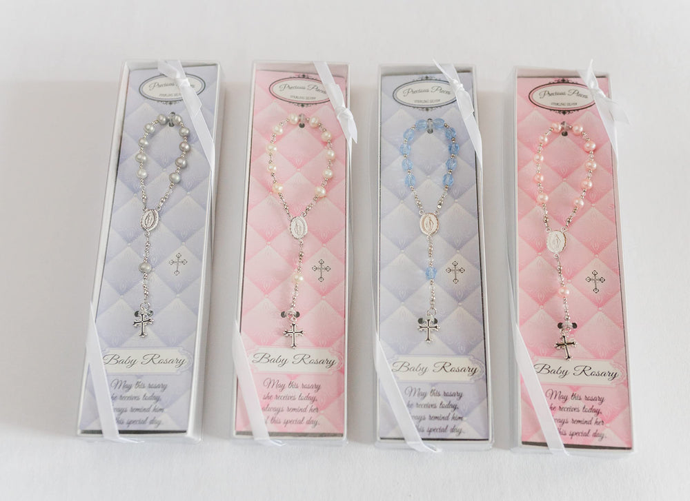 Precious Pieces Sterling Silver White Baby Rosary with poem ribbon offers thoughtful gifting