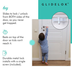 Predictable Solutions GlideLok sits on top of door for out-of-reach child safety.