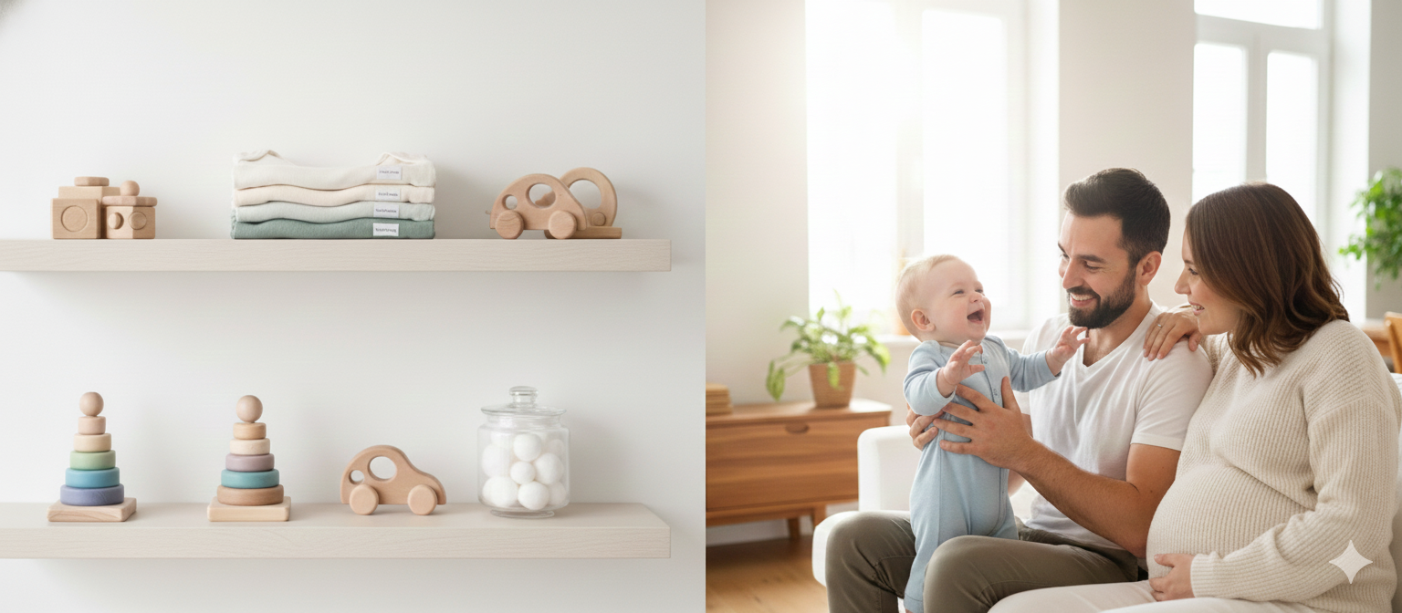 MyThriftyMom.ca Canada banner showing pregnant mom, dad and baby with nursery essentials and modern baby toys.