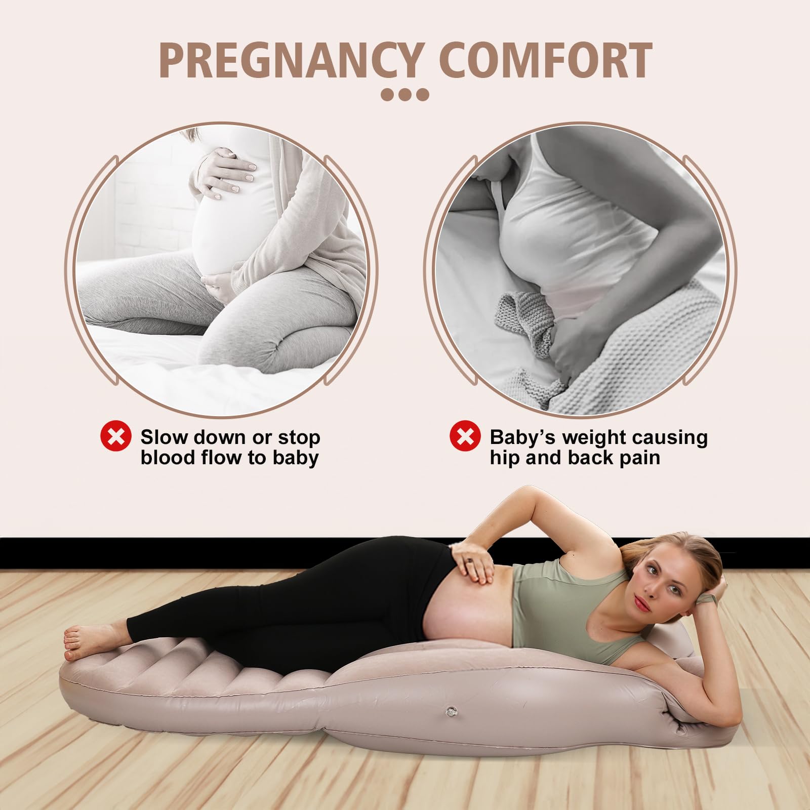 PregSpag adjustable firmness inflates or deflates for personalized comfort.