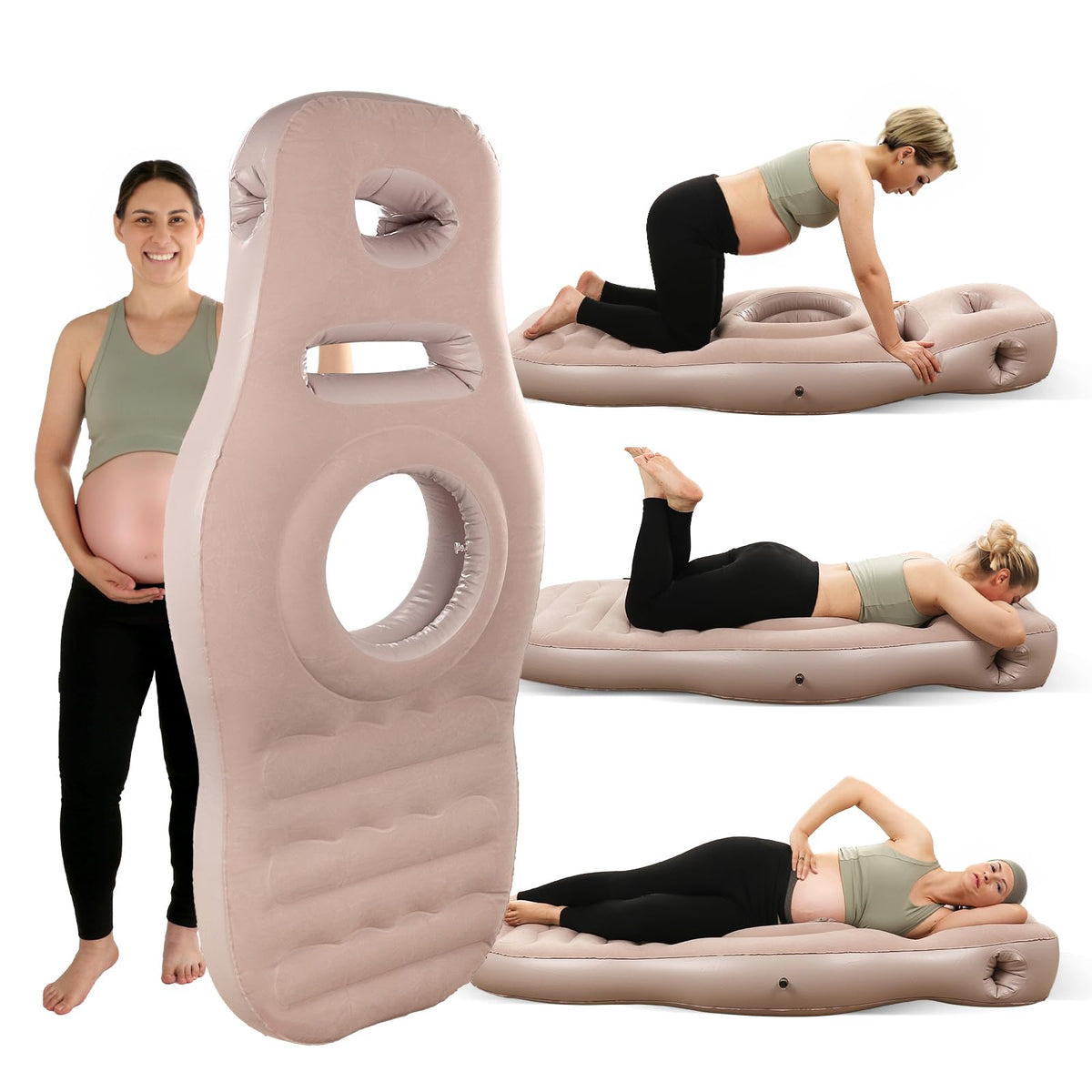 PregSpag inflatable pregnancy pillow with hole setup provides full-body support for the growing bump.