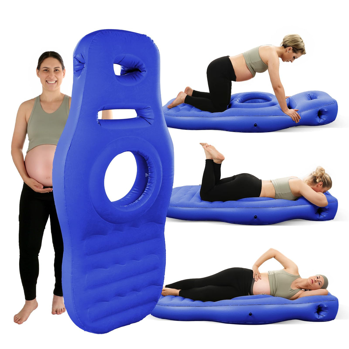 PregSpag inflatable pregnancy pillow with hole in blue supports comfortable prone sleeping.