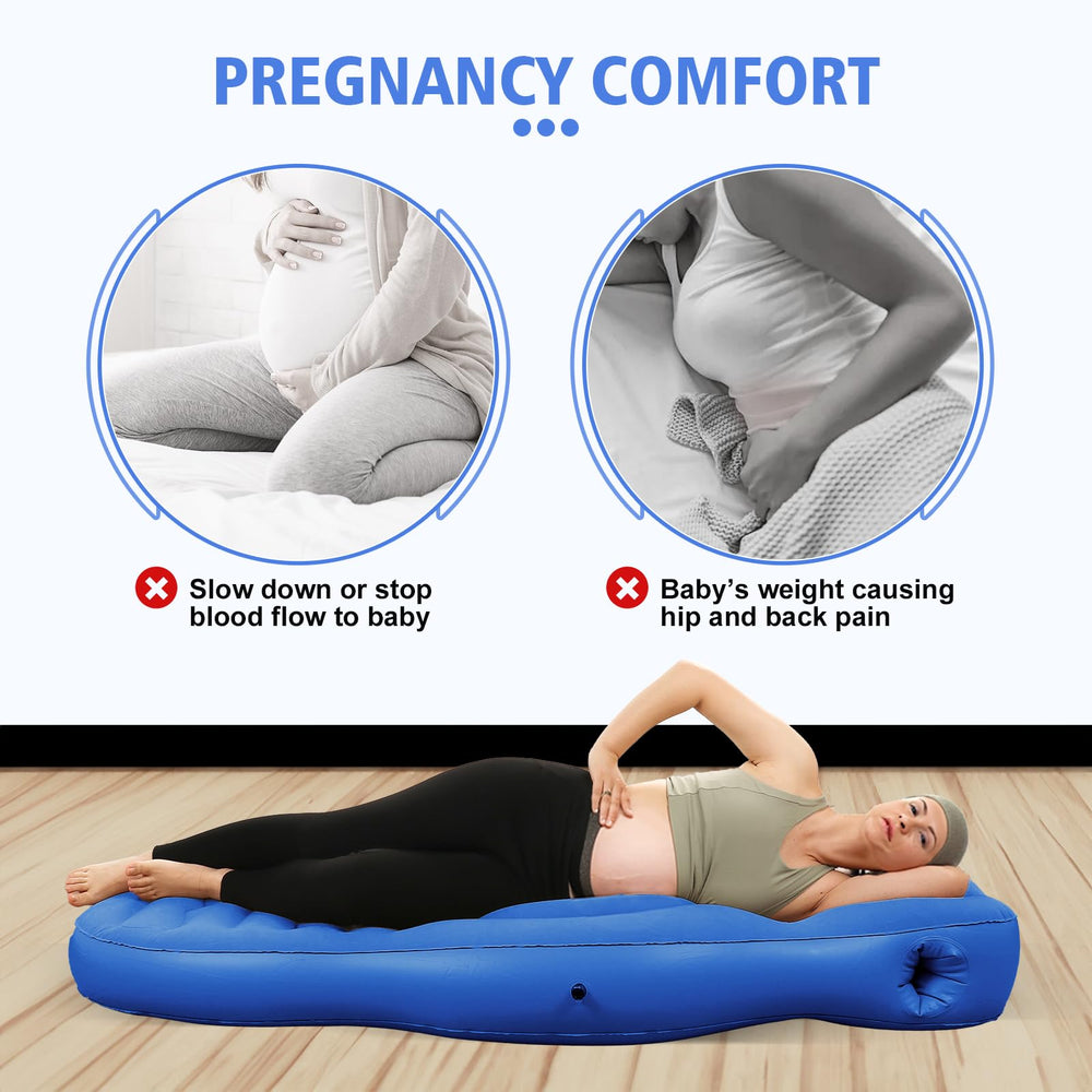 PregSpag blue pregnancy pillow promotes hip and back alignment during pregnancy.
