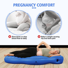 PregSpag blue pregnancy pillow promotes hip and back alignment during pregnancy.
