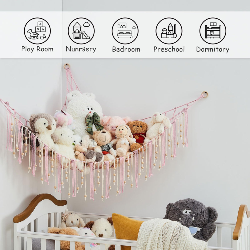 Pretty Jolly boho tassel design adds decorative storage for kids' rooms.