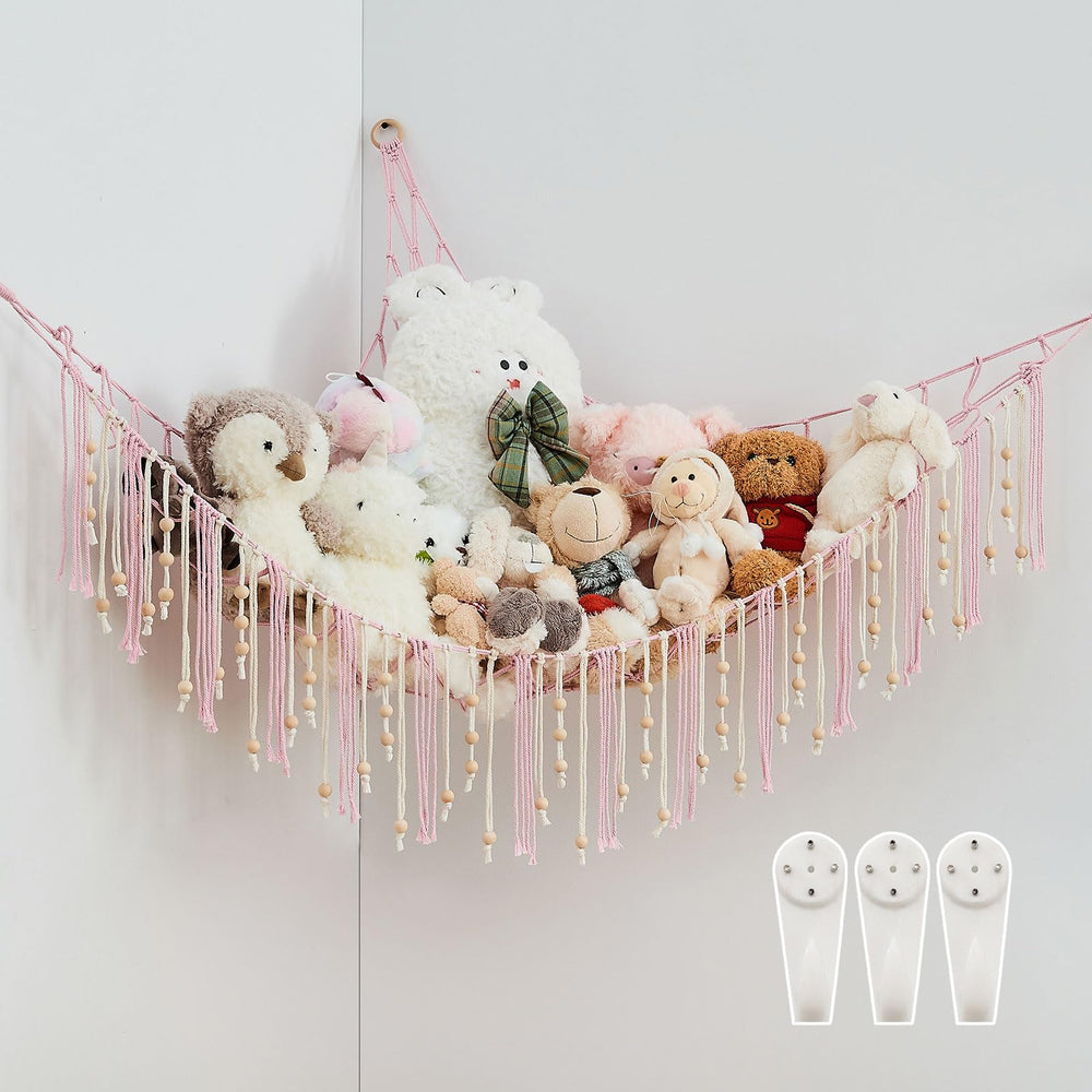 Pretty Jolly stuffed animal hammock grid weave closeup for sturdy toy organization.