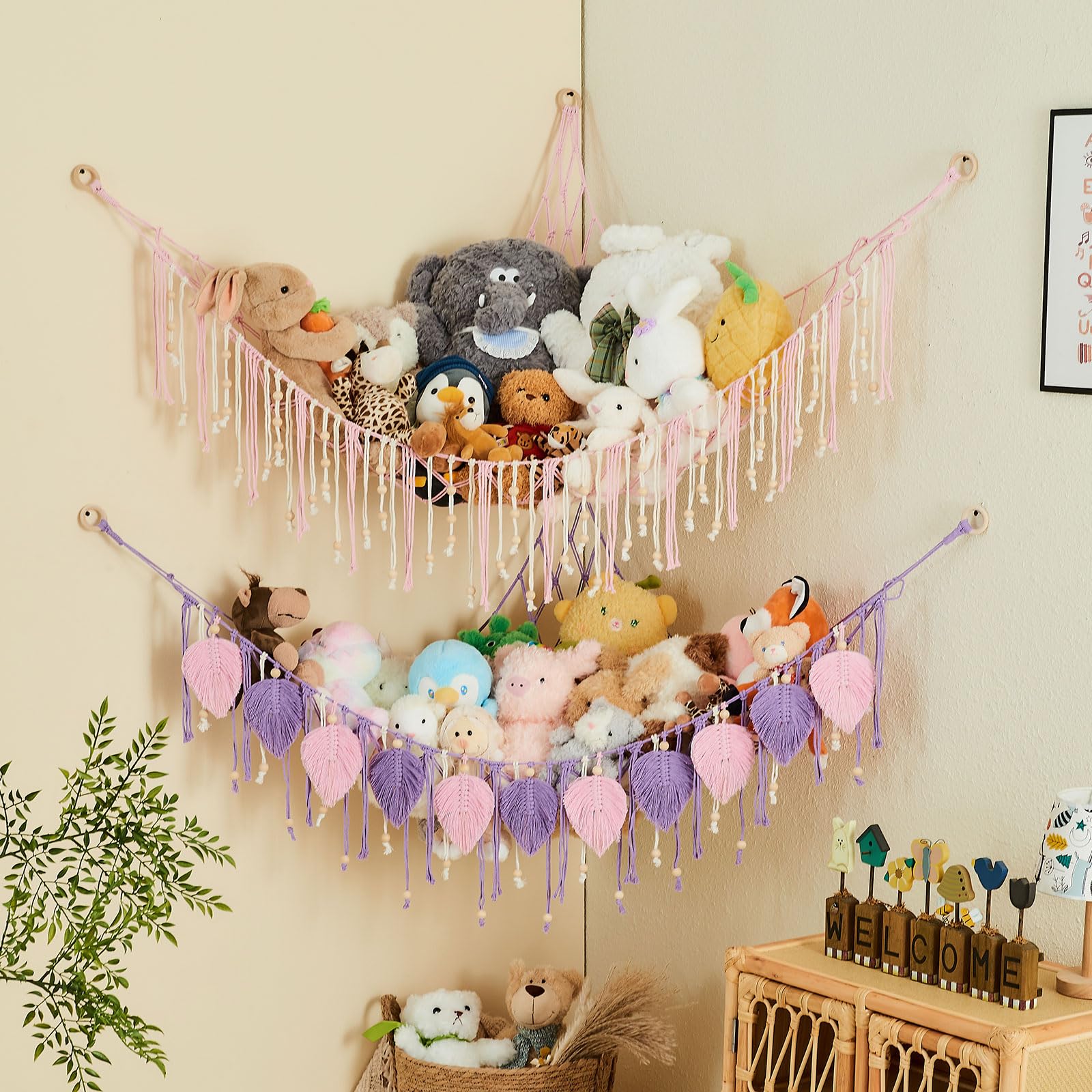 Pretty Jolly hanging hooks included for quick wall mounting.