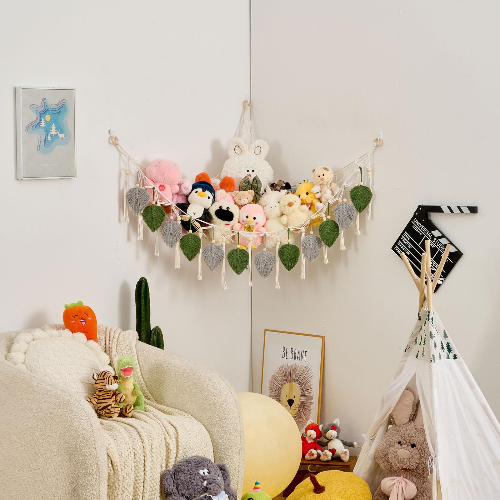 Pretty Jolly kids room organizer hammock blends storage with boho flair.