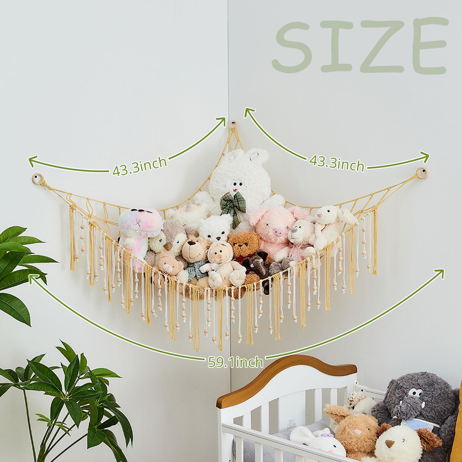 Hammock demonstrates large storage capacity for multiple plush toys.