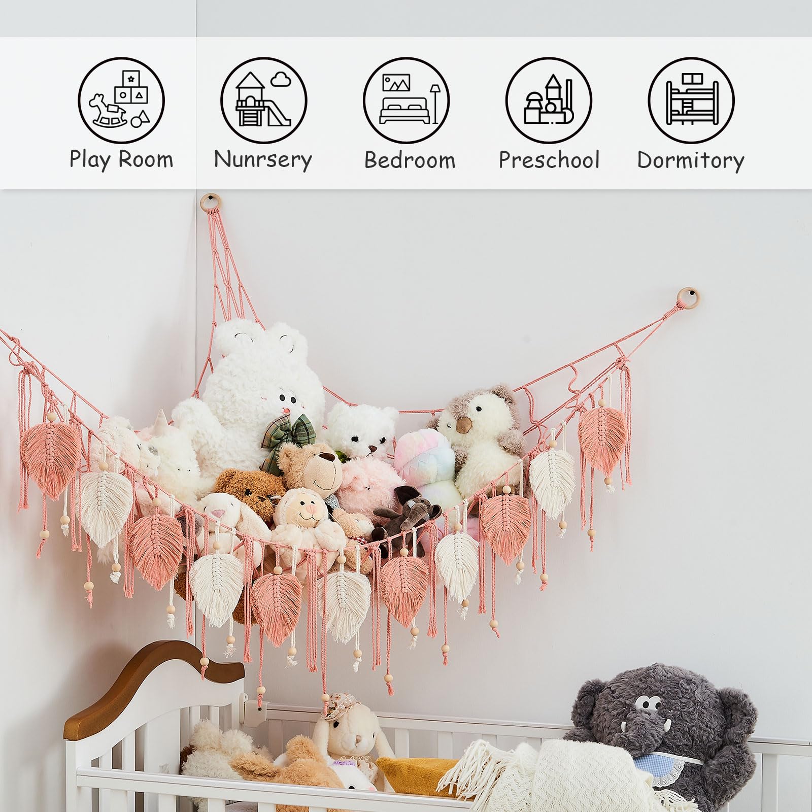 Pretty Jolly macrame corner hanging net saves space in small rooms while storing plush friends.