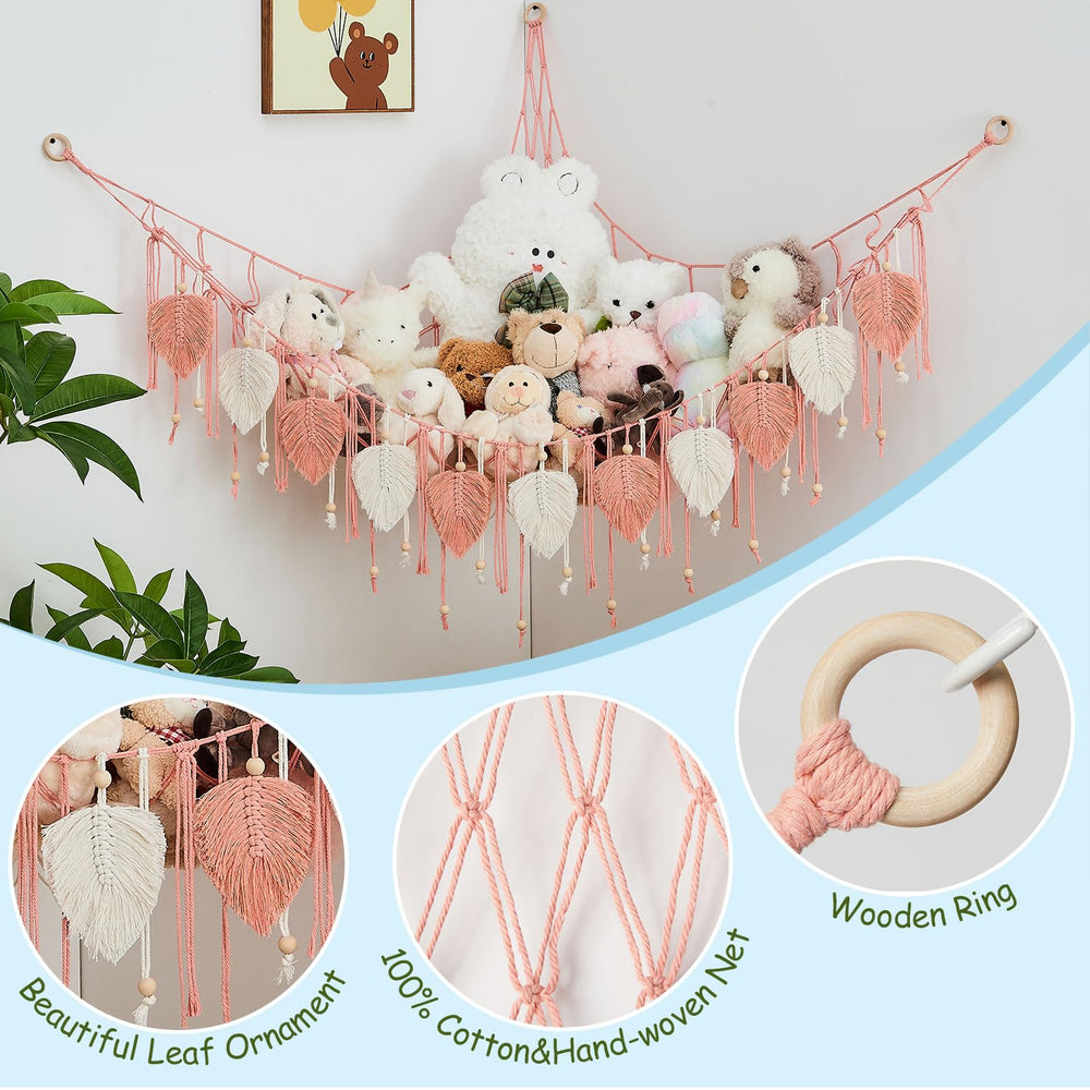 Pretty Jolly macrame leaf tassels hammock adds whimsy while presenting plush toys as decor.
