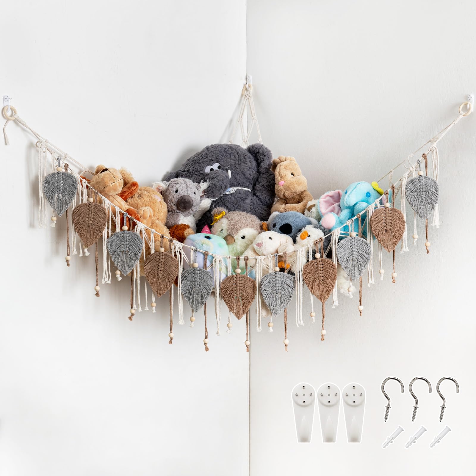 Pretty Jolly Macrame Hammock beads closeup, decorative storage for toys.