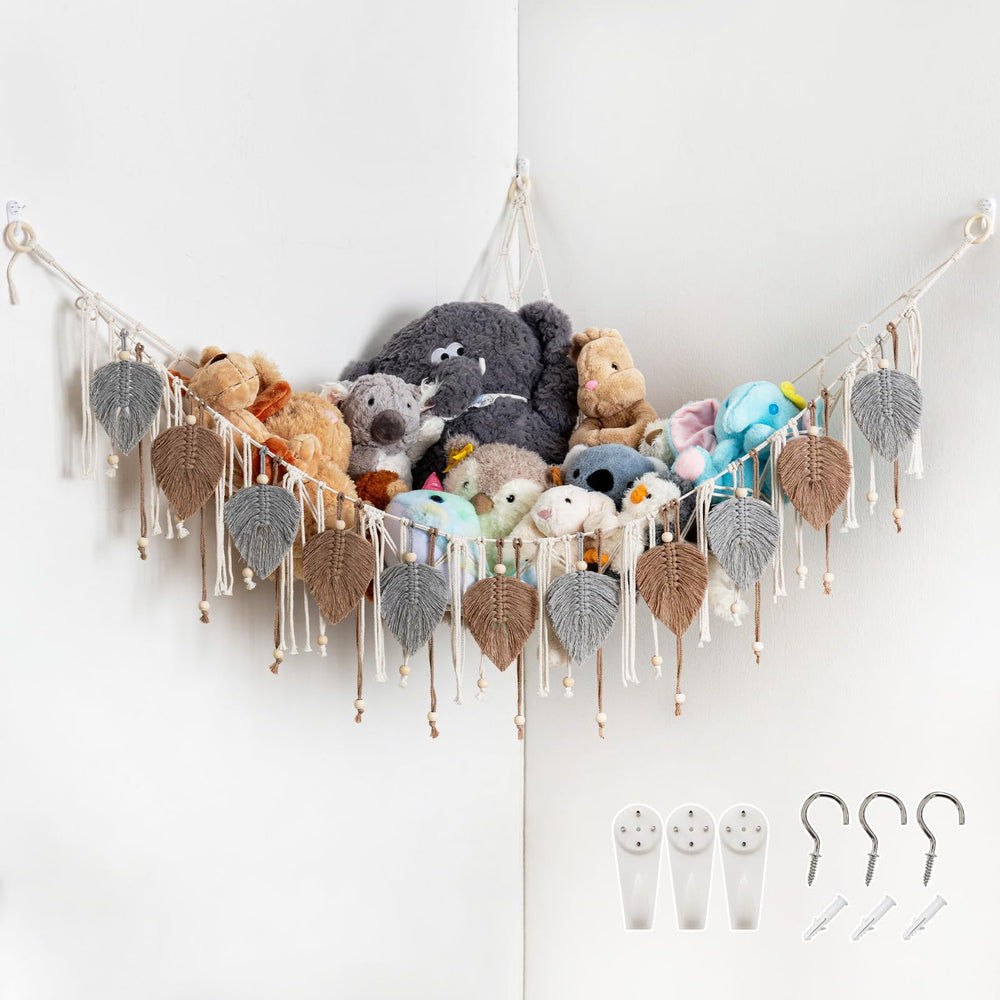 Pretty Jolly Macrame Hammock beads closeup, decorative storage for toys.