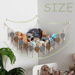 Pretty Jolly Macrame Hammock grid weave closeup, breathable sturdy toy storage.