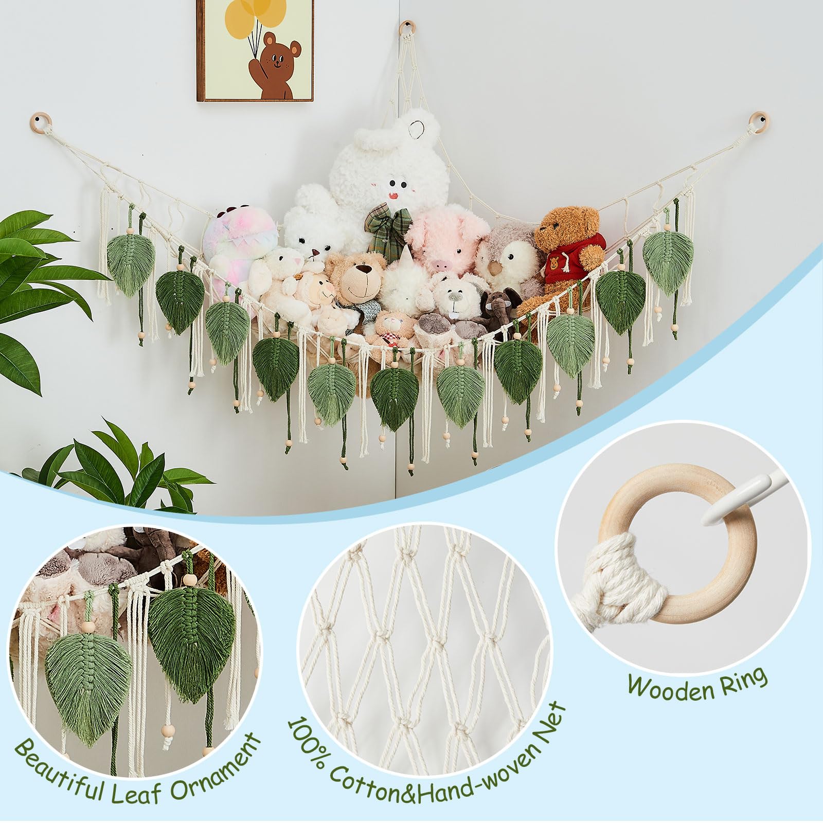 Pretty Jolly macrame hammock with leaf tassels details for playful nursery decor.