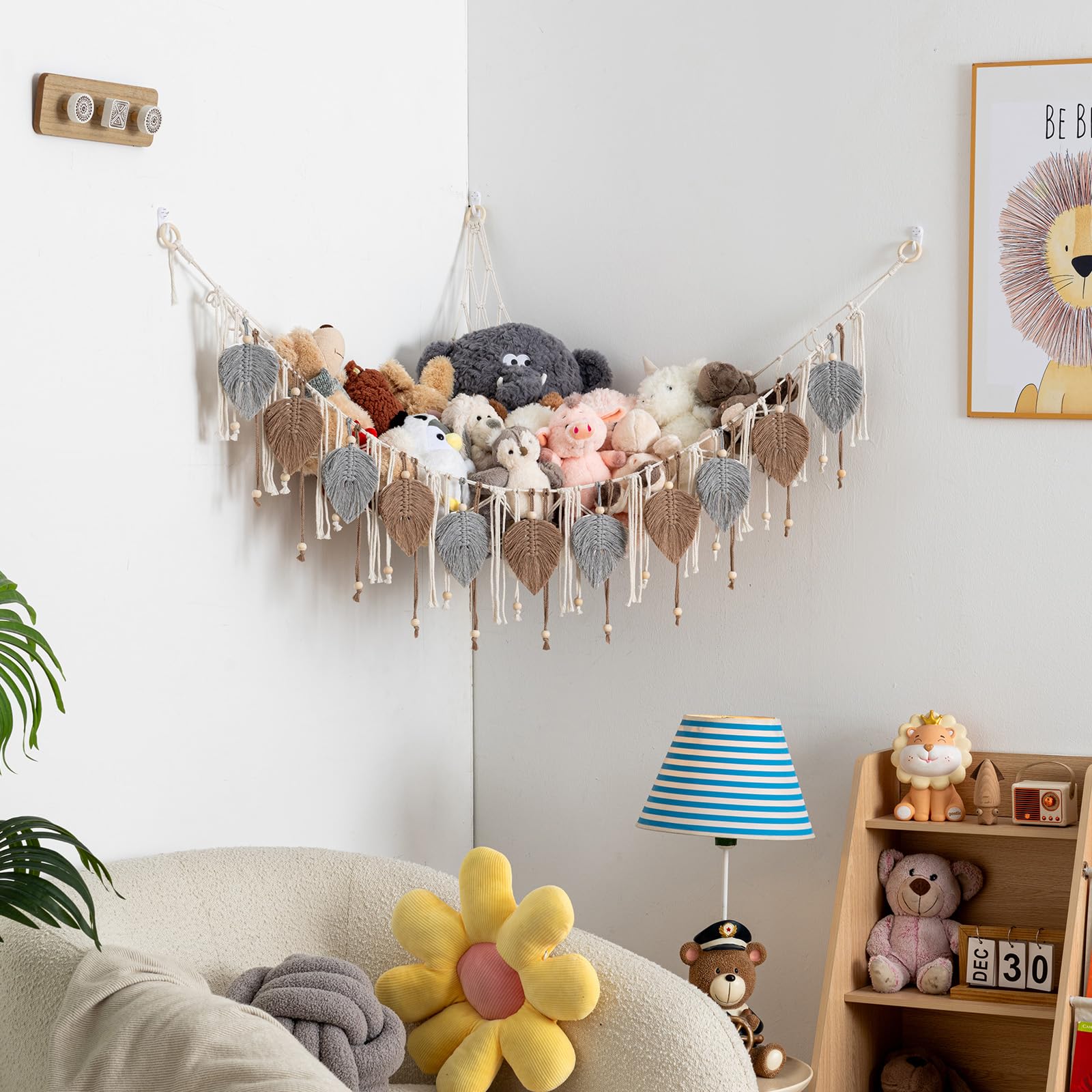 Pretty Jolly Macrame Hammock nursery corner display, keeps toys tidy and inspiring.