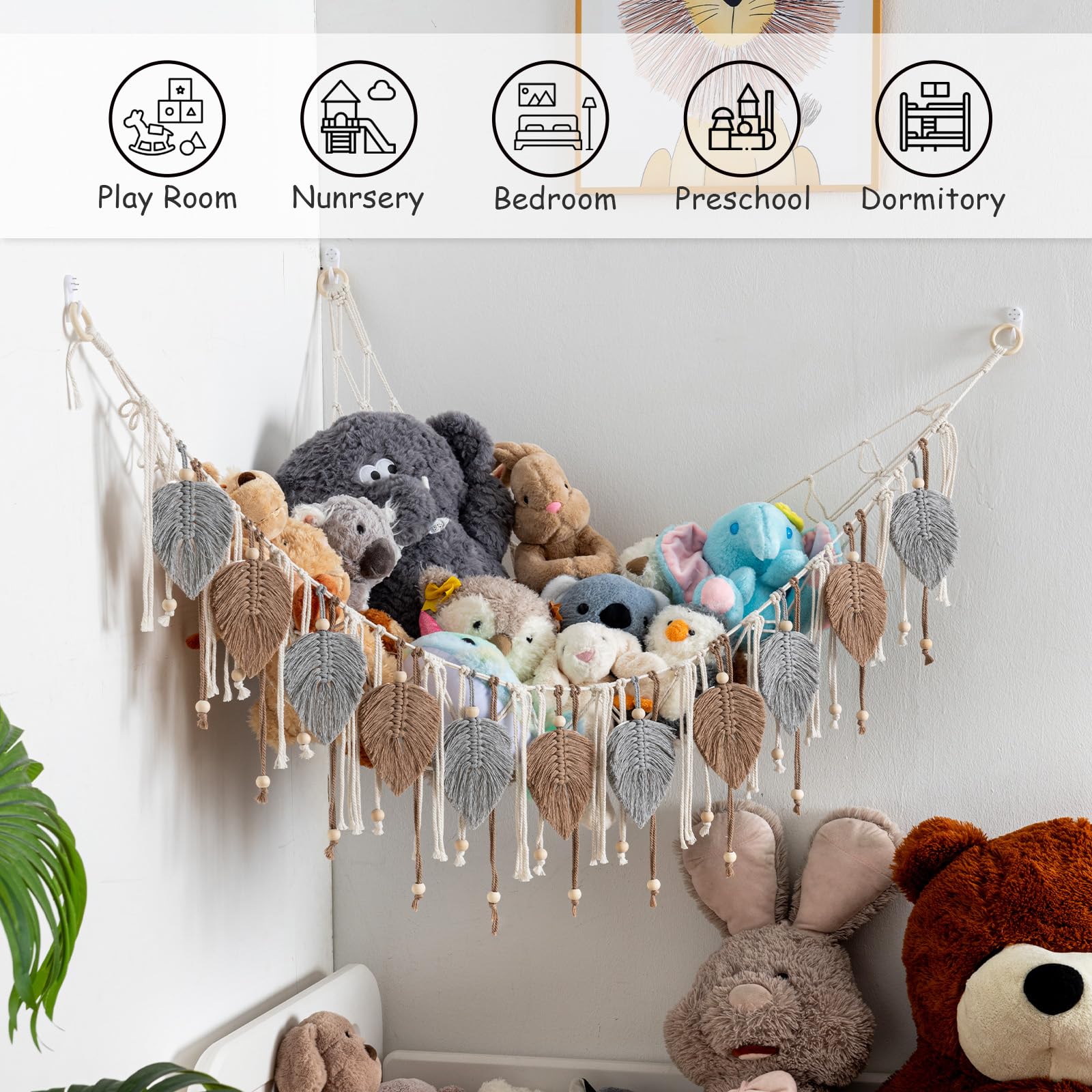 Pretty Jolly Macrame Hammock plush storage, roomy 43.3-inch square for stuffed animals.