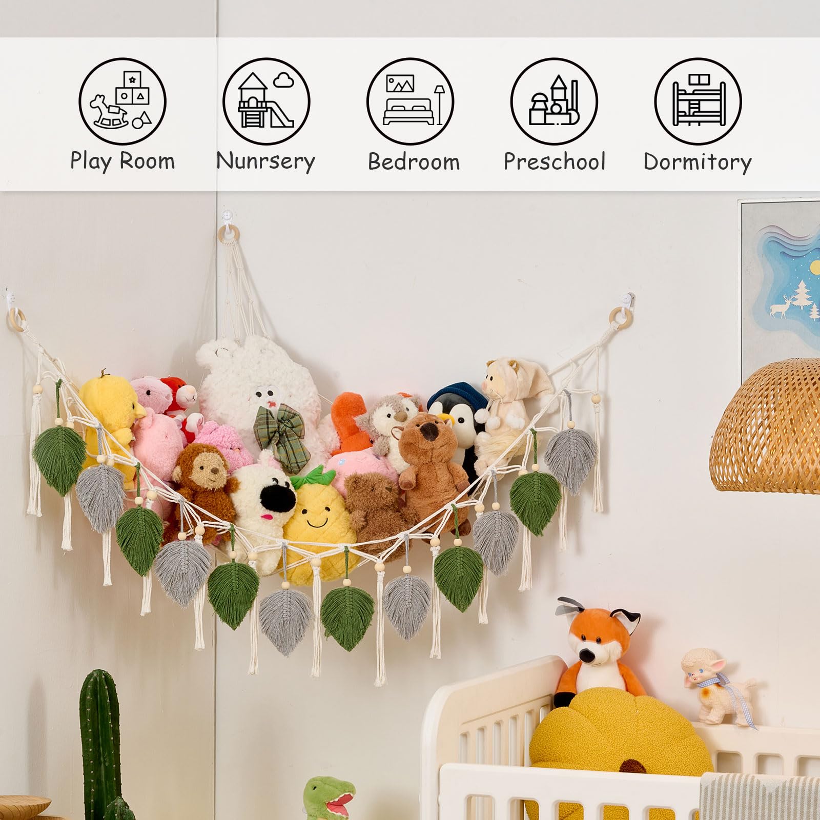 Pretty Jolly macrame wall hanging storage pockets keep plush toys tidy.