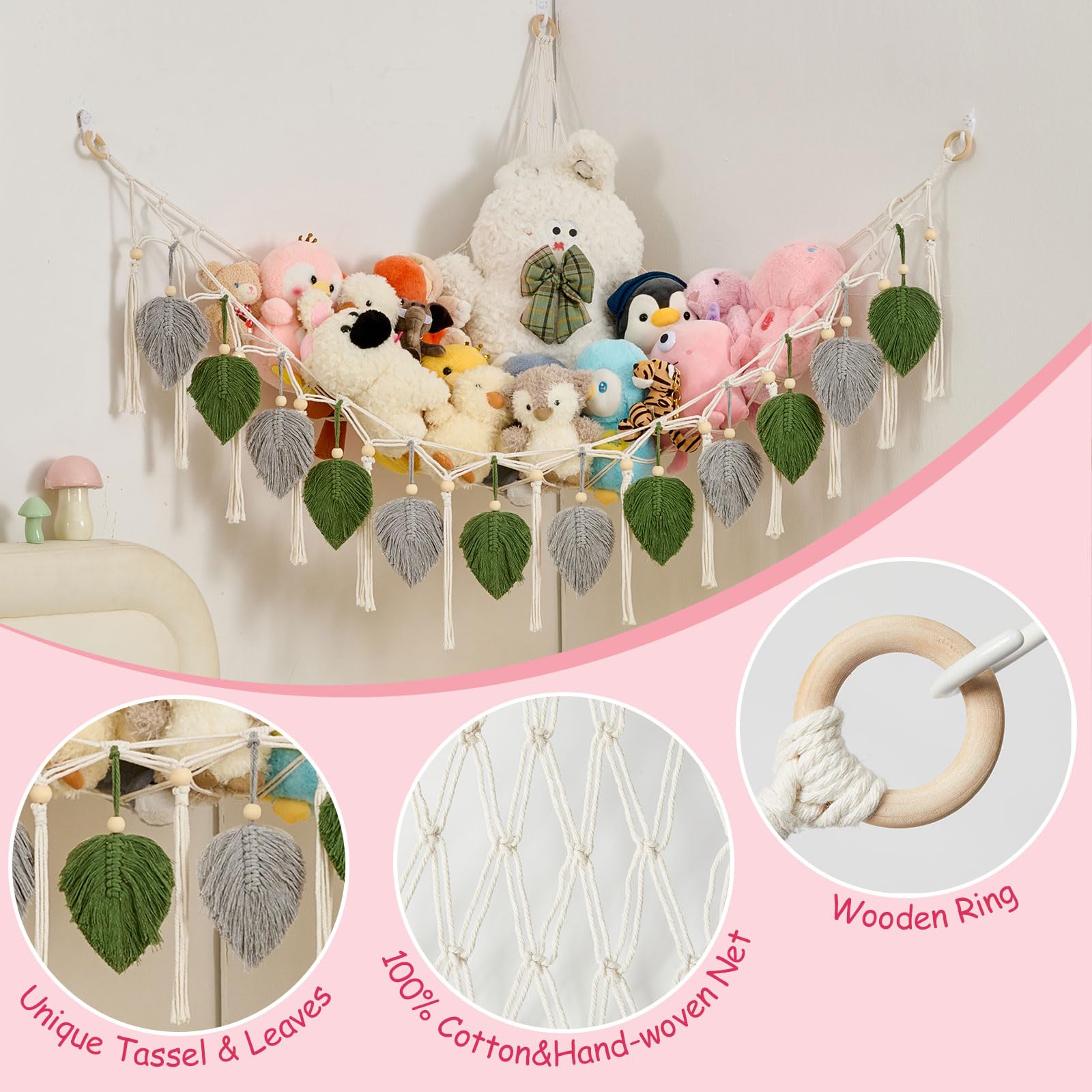 Pretty Jolly toy hammock tassels closeup shows soft texture and decorative storage.