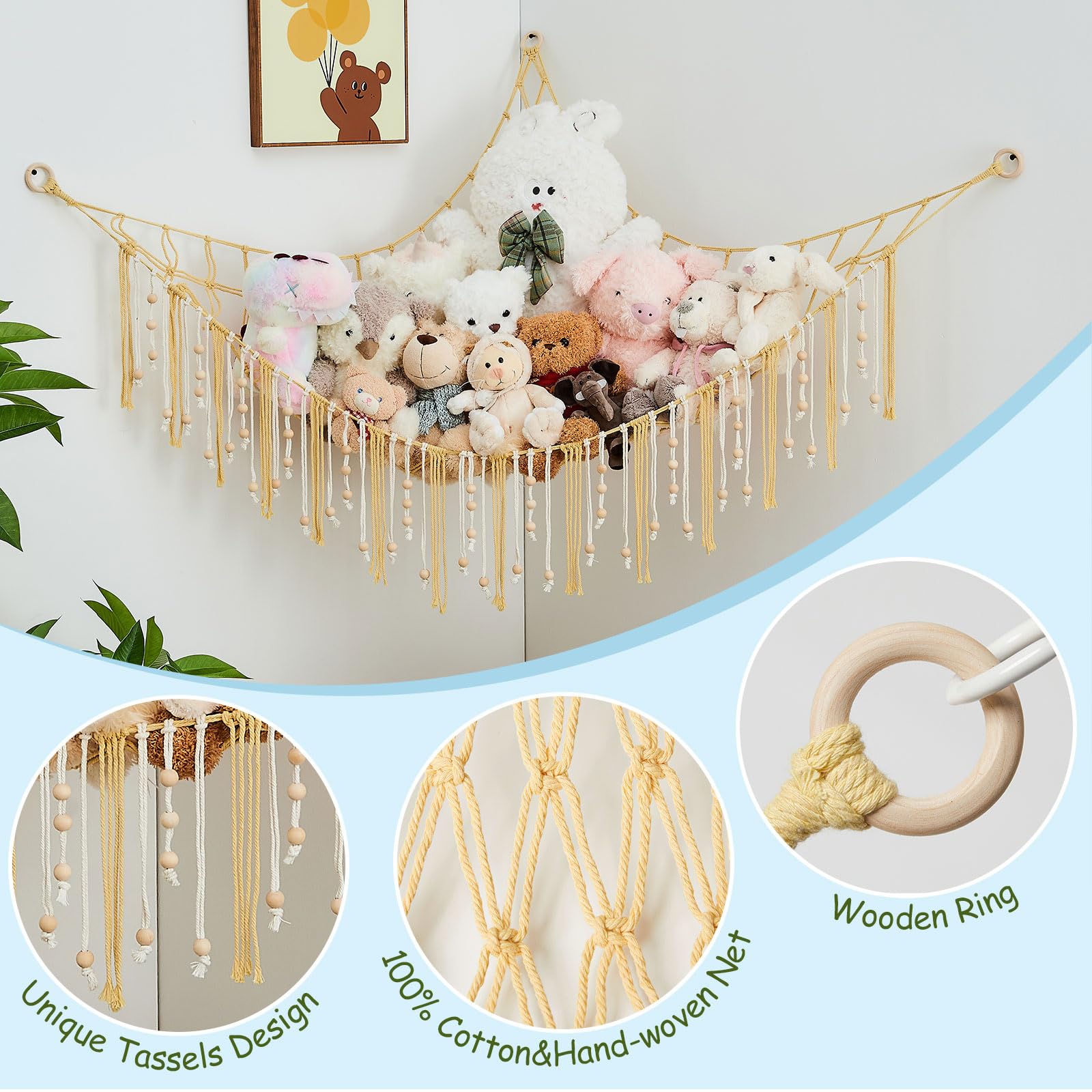 Pretty Jolly toy hammock mounted on wall for neat toy display.