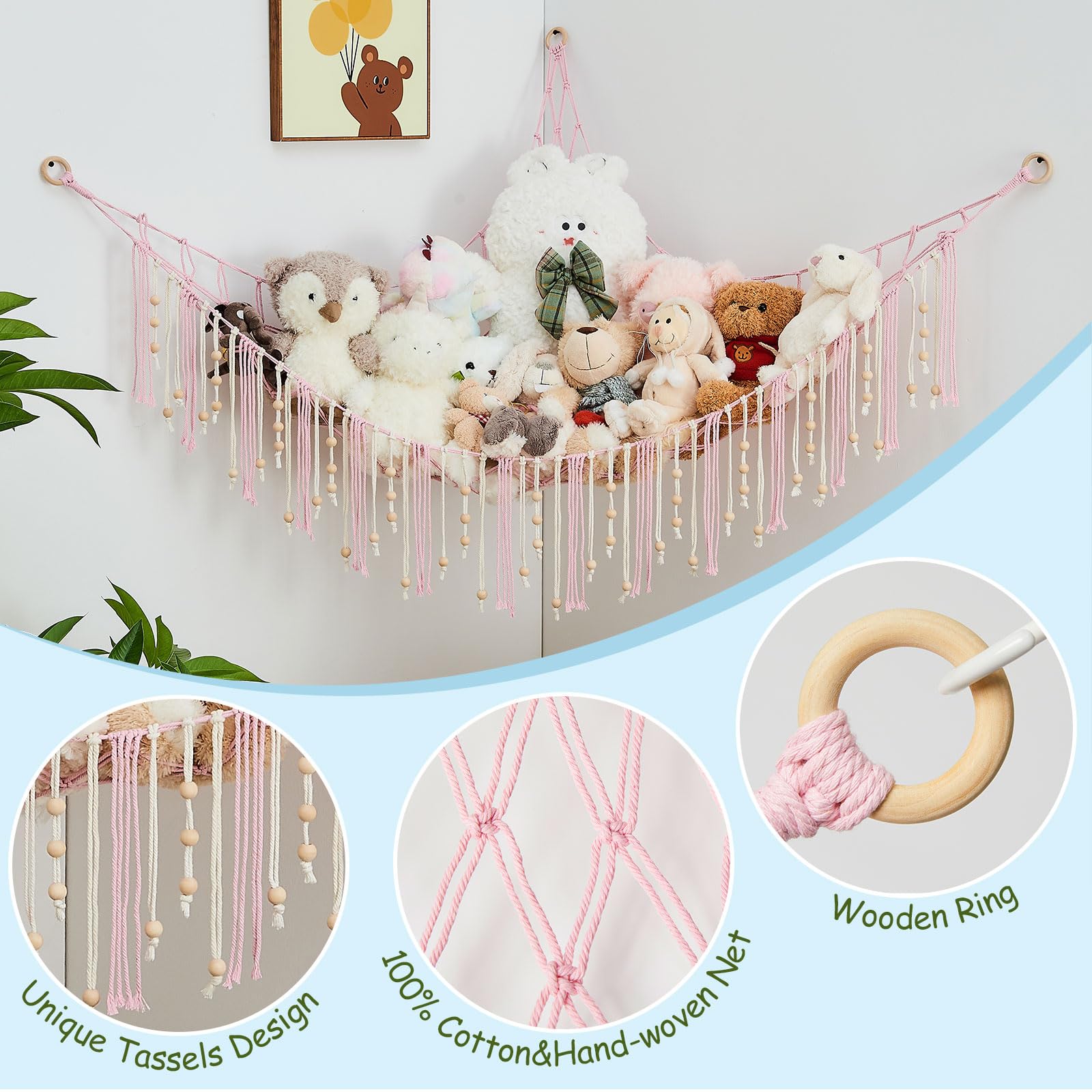 Pretty Jolly wooden beads and tassels highlight boho toy storage.