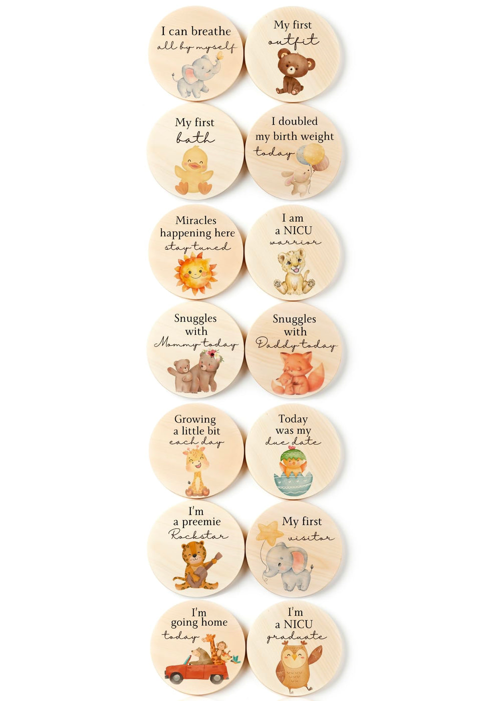 Prezzeluna NICU milestone cards set featuring wooden signs for precious homecoming memories.