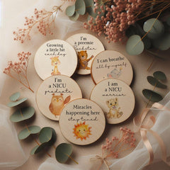 Prezzeluna wooden NICU signs close-up highlighting keepsakes marking small victories.