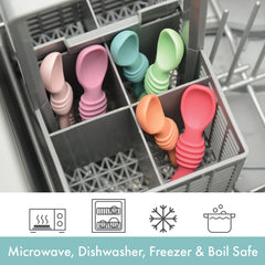 PrimaStella silicone chew spoon Seaside Palette easy grip handle supports infant self-feeding.