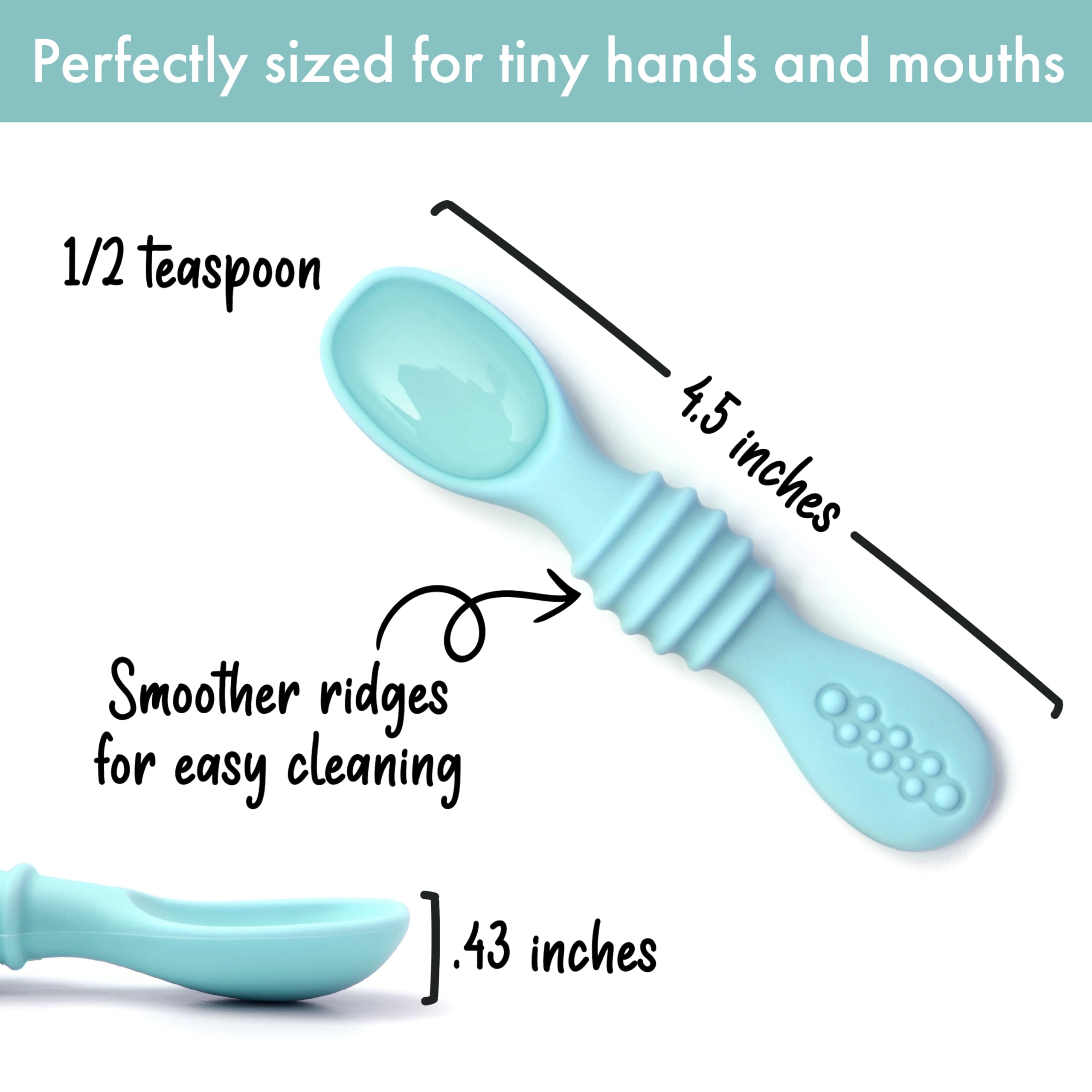 PrimaStella silicone chew spoon Seaside Palette microwave-safe feature helps quick warming as needed.
