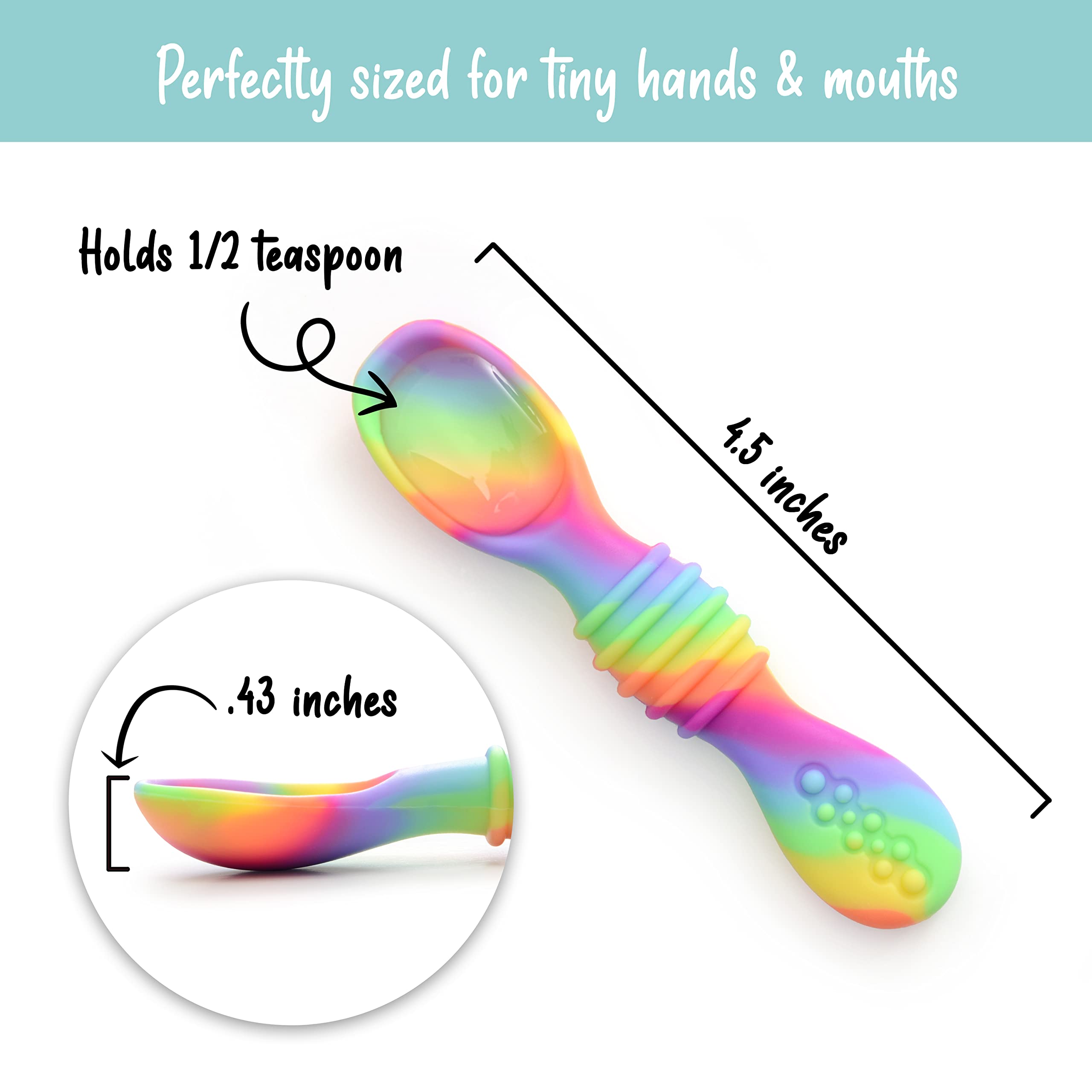 PrimaStella silicone chew spoon set baby-self-feeding shot emphasizes durable, stain- and odor-resistant material.