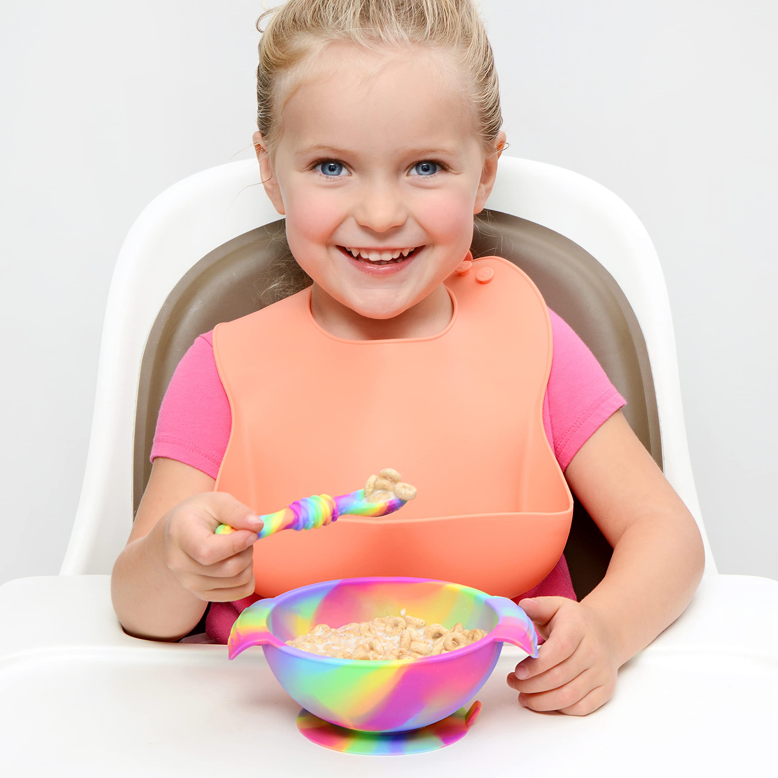 PrimaStella silicone chew spoon set first-stage-feeding shows ideal size for 6+ months infants.