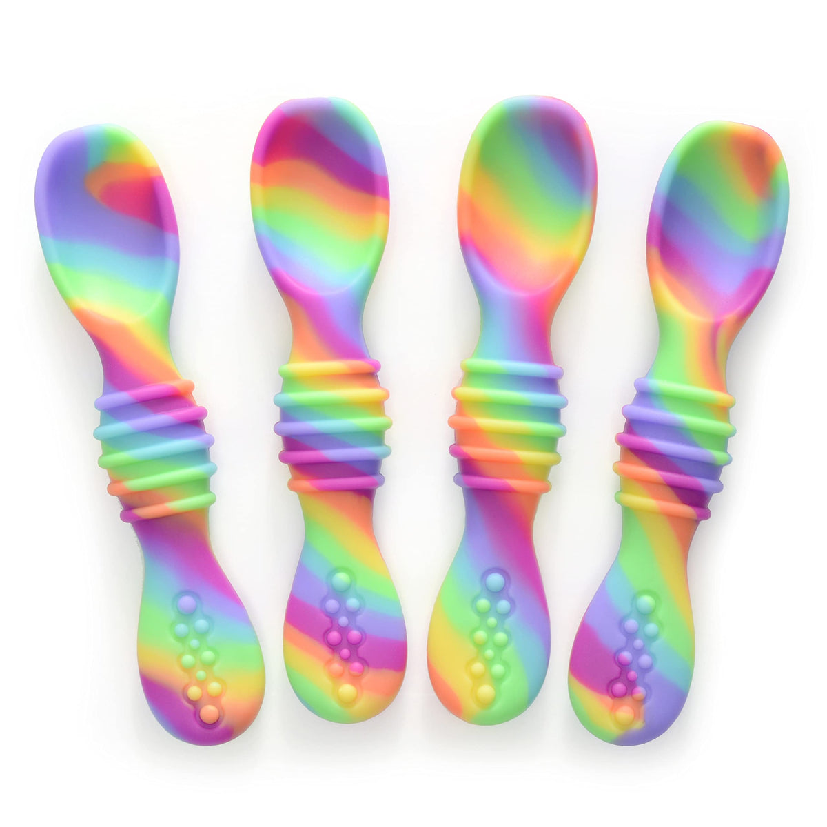 PrimaStella silicone chew spoon set safety-test image highlighting non-toxic, chew-ready design.