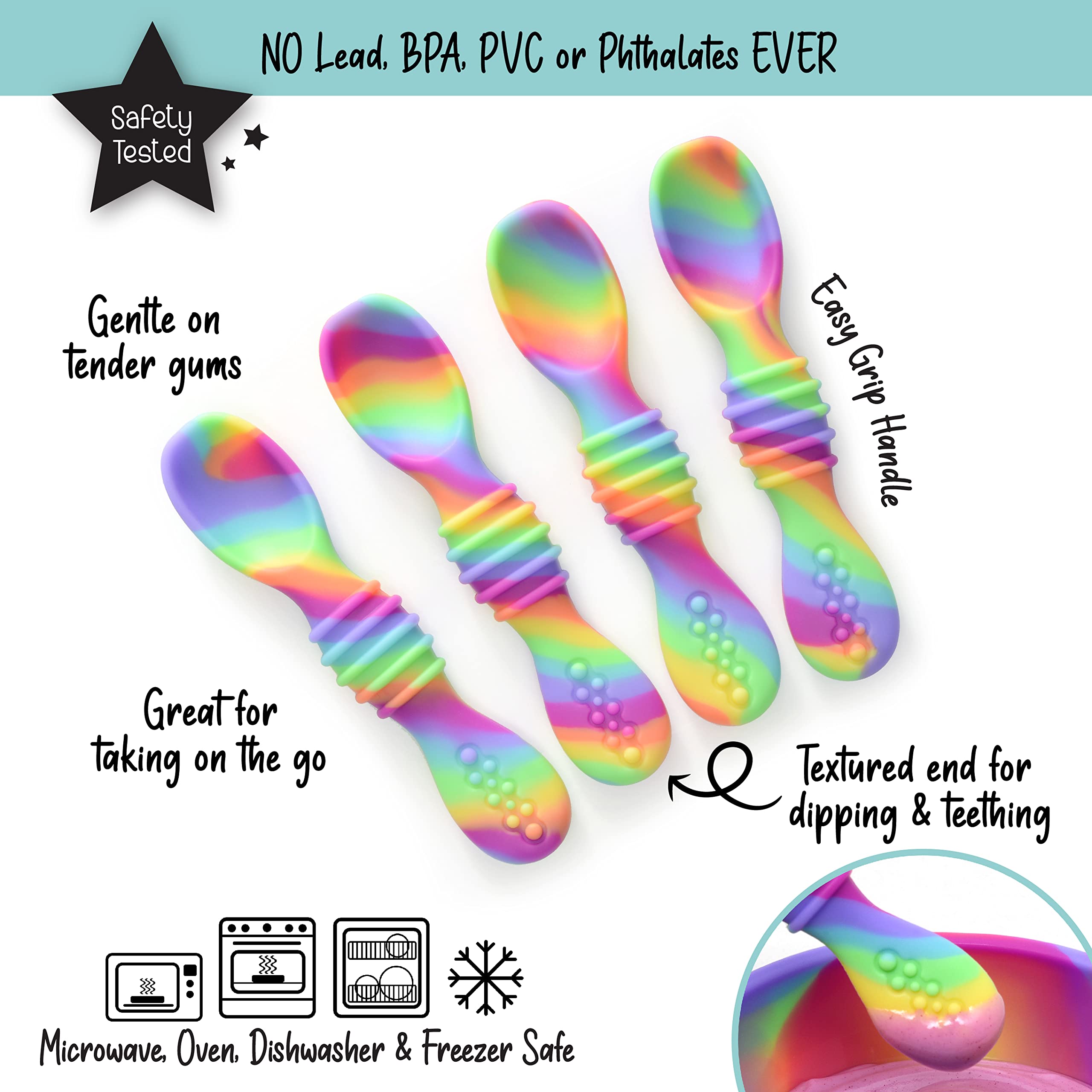 PrimaStella silicone chew spoon set teething-texture close-up showing gum-friendly softness.