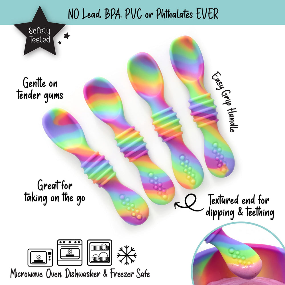 PrimaStella silicone chew spoon set teething-texture close-up showing gum-friendly softness.