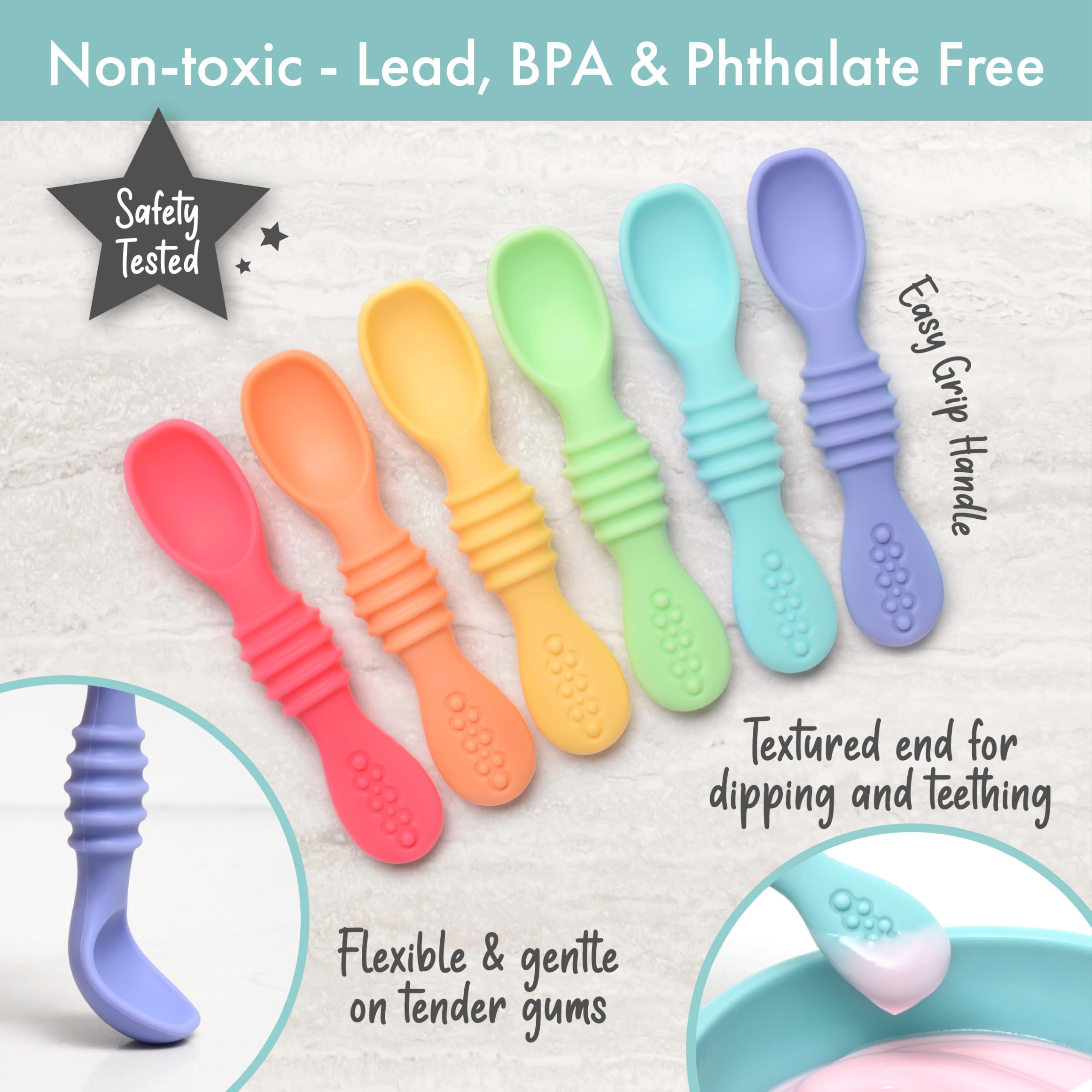 PrimaStella silicone spoon head shows teething texture and smooth spoon end for comforting gums and feeding.