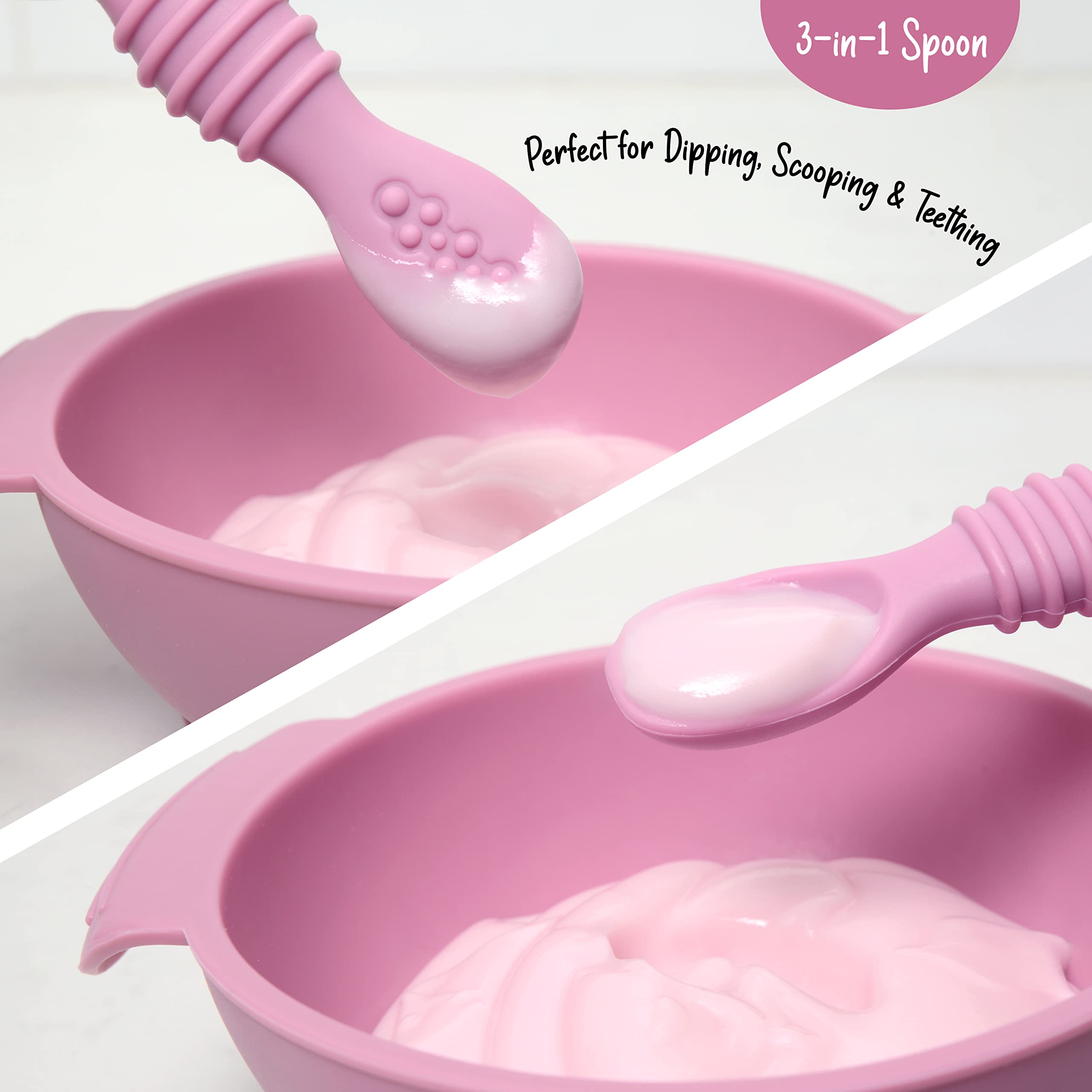PrimaStella chew spoon textured-handle highlights ergonomic grip for self feeding and teething comfort.