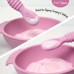 PrimaStella chew spoon textured-handle highlights ergonomic grip for self feeding and teething comfort.