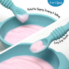 PrimaStella blue 3-in-1 spoon supports self-feeding and teething.