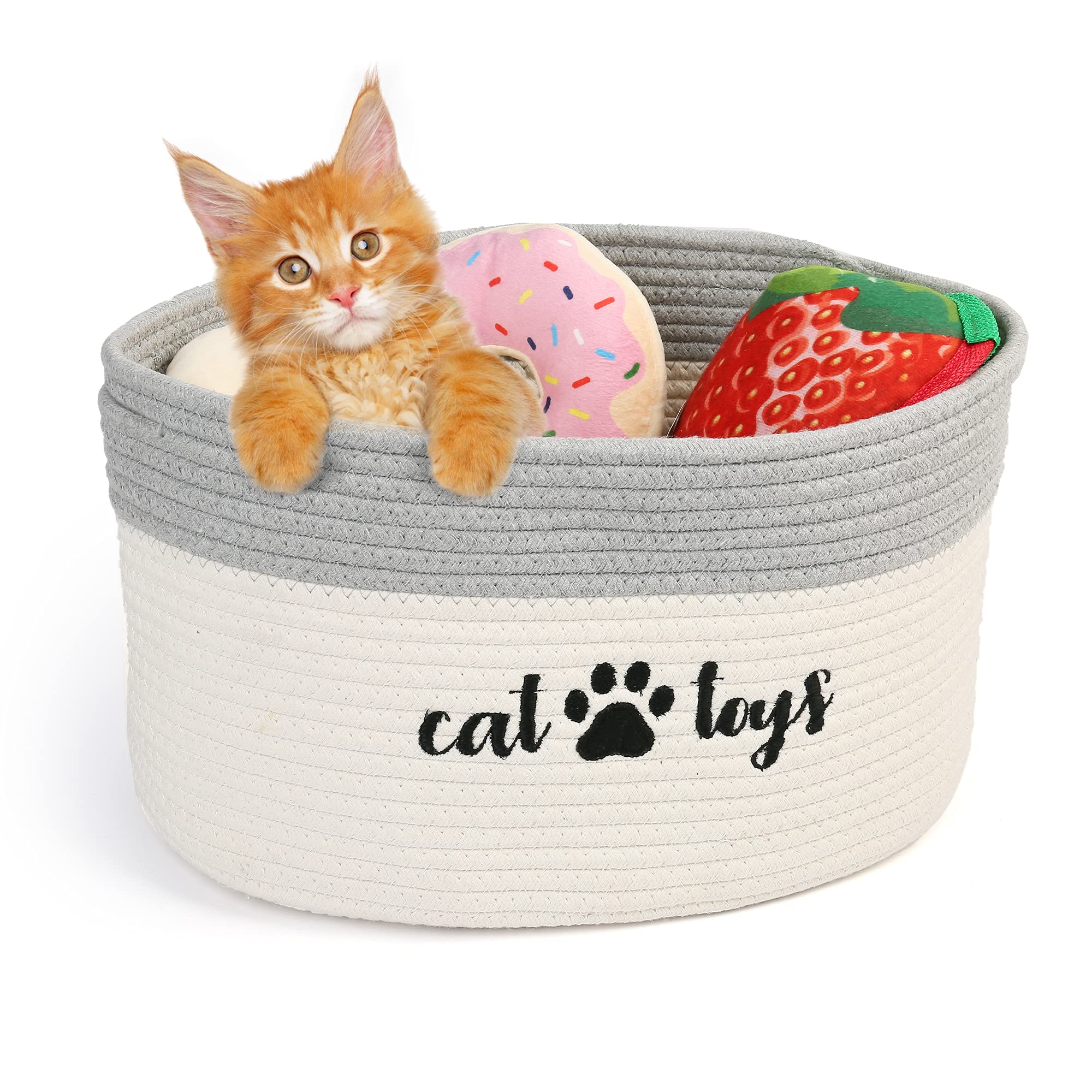 PrimePets cat toy basket front view with handles for easy room to room storage
