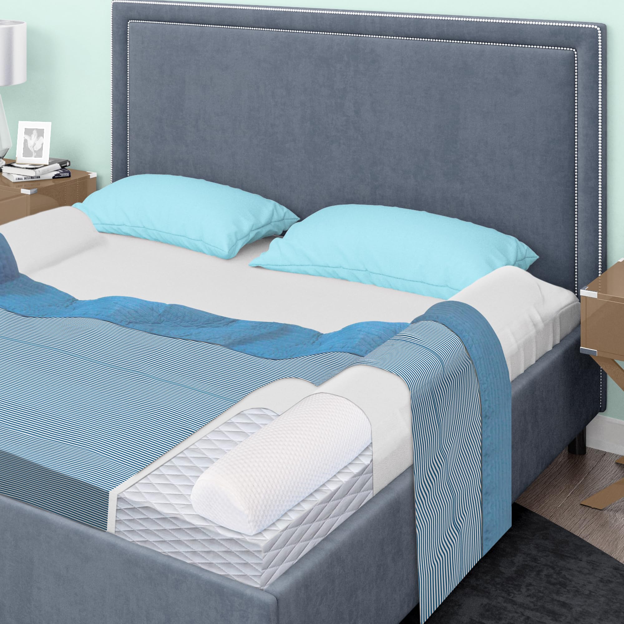 Primica bed bumpers on queen bed setup for versatile toddler guard