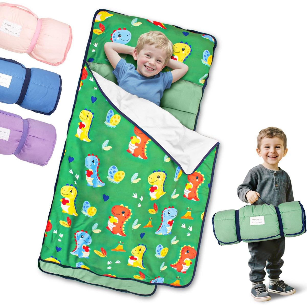 PRIMLECT dinosaur nap mat folded for easy storage and daycare prep.