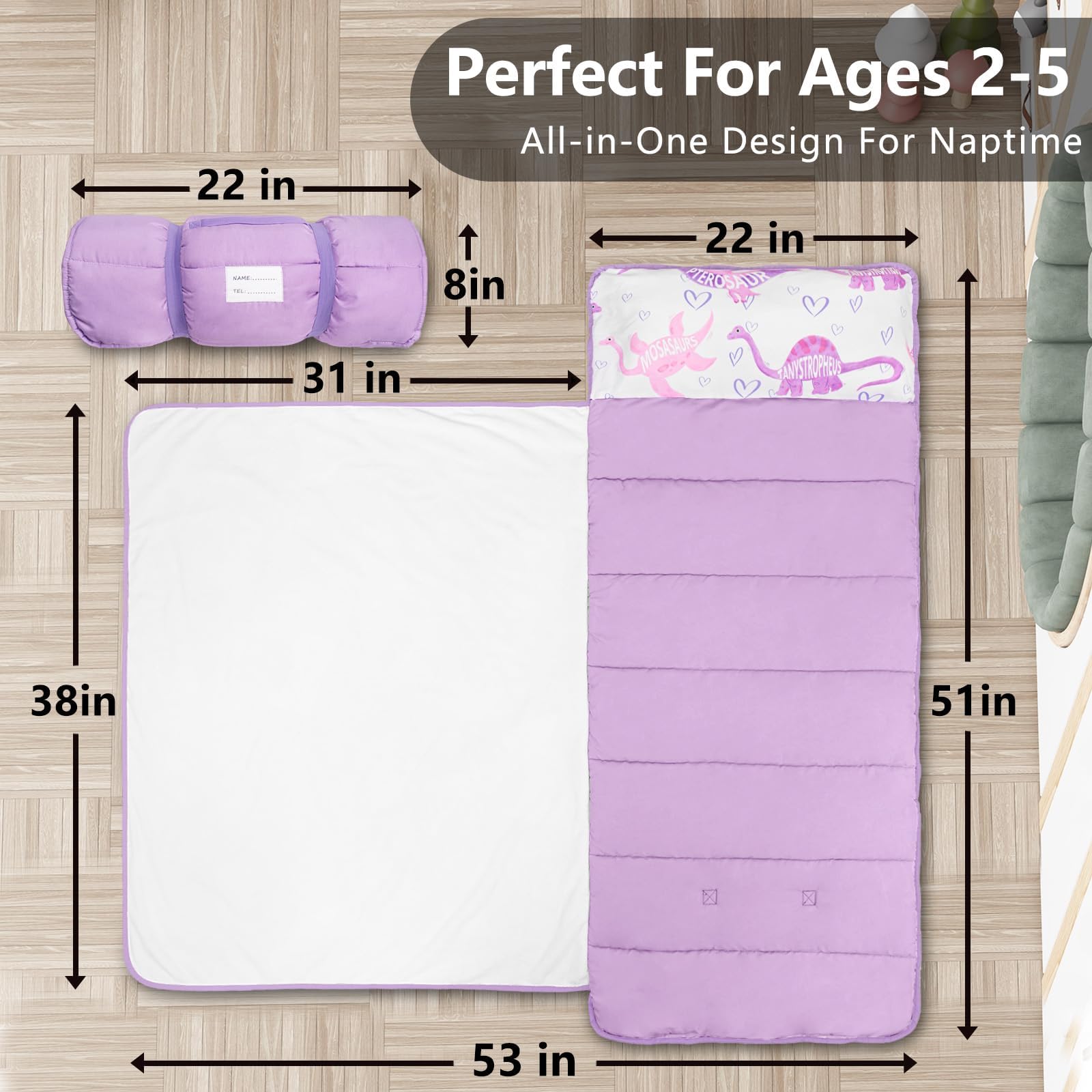 PRIMLECT nap mat rolled and ready for compact daycare storage.
