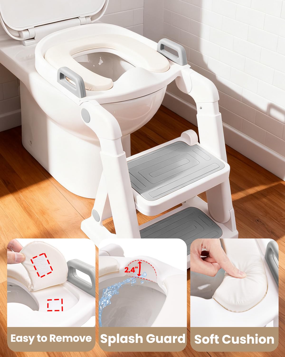 Primlect potty seat adjustable height fits most 14–17 inch toilets.