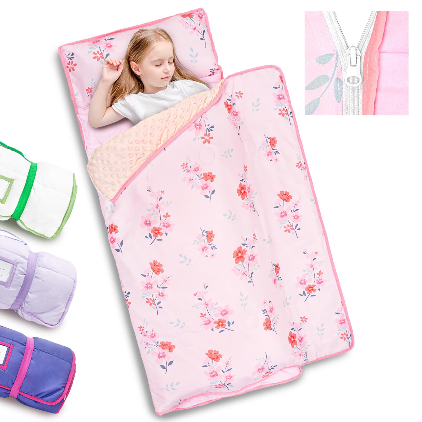 Primlect toddler nap mat pink flower folded for compact daycare storage