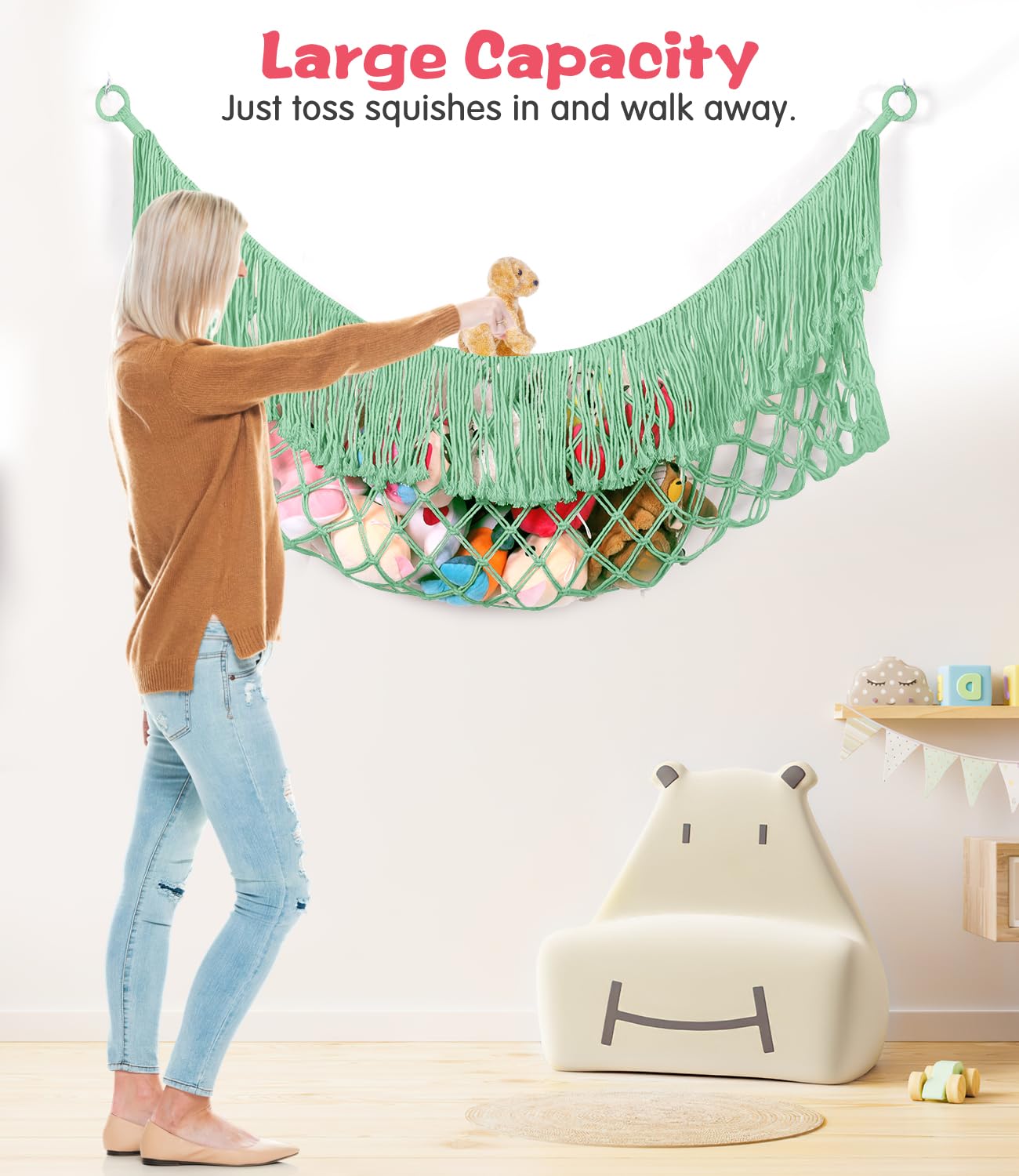 PrimZooty hammock 56-inch setup shown in a cozy living room for tidy play space.