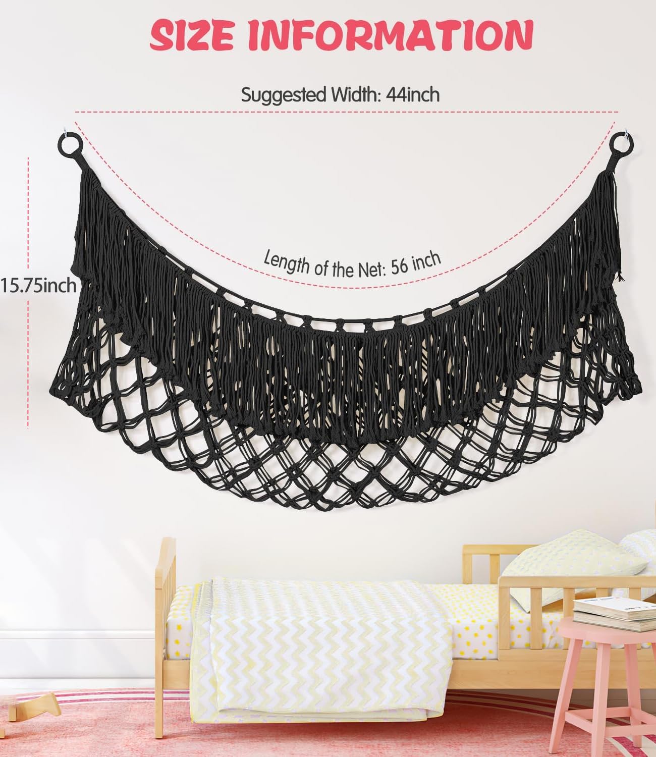 PrimZooty stuffed-animal-hammock on wall shows sturdy hardware in use.