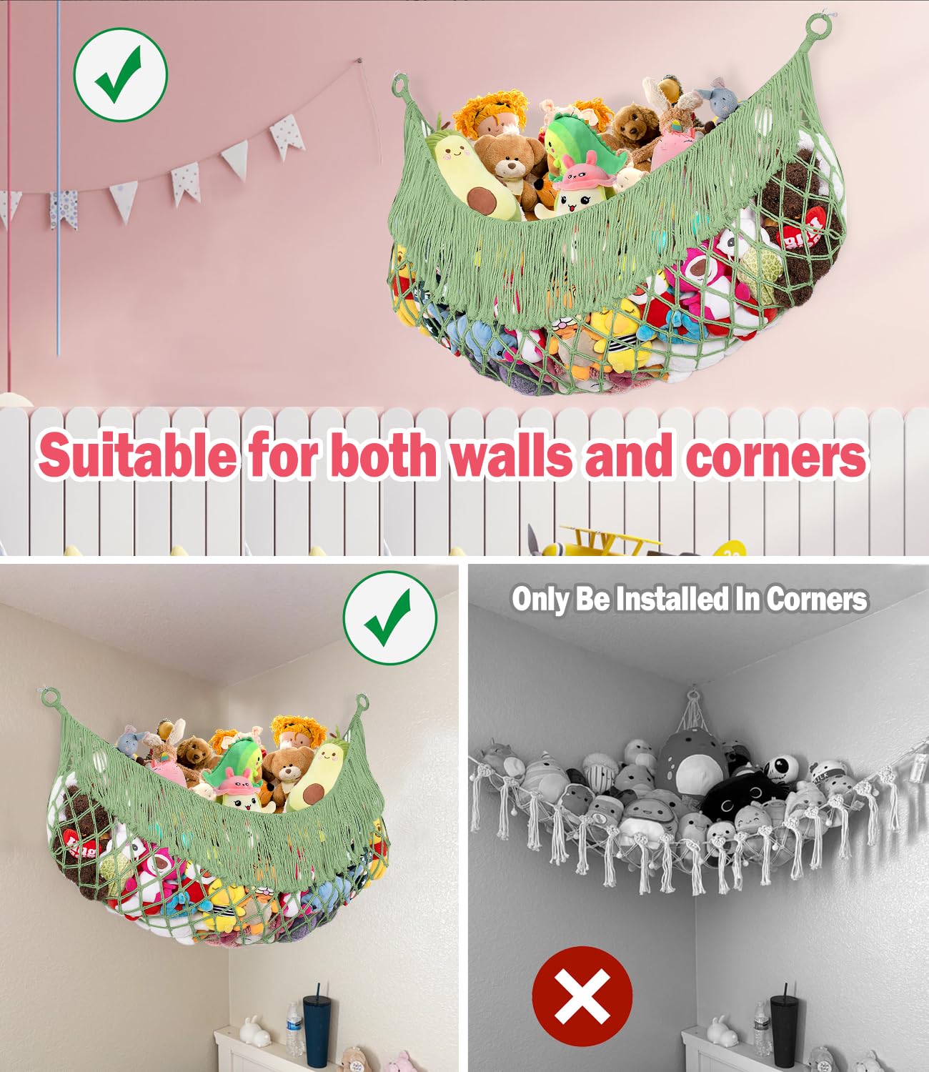PrimZooty hammock fits playrooms and bedrooms for tidy toy storage.