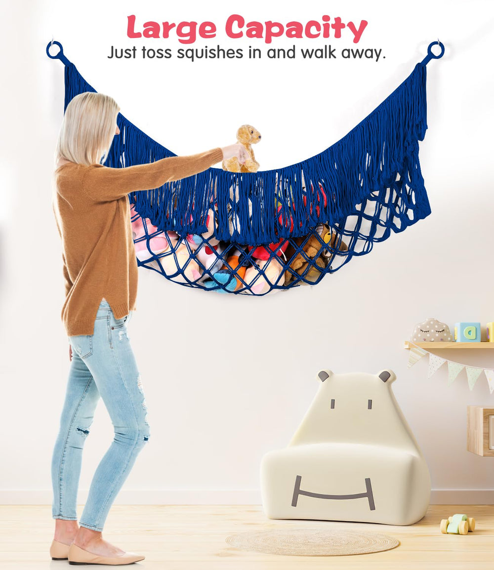 PrimZooty jumbo 63inch stuffed animal storage hammock demonstrates spacious organization.