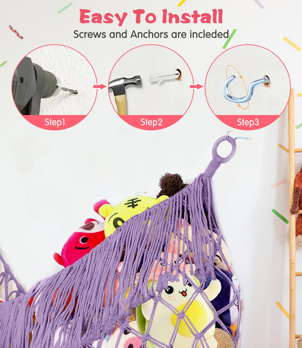 PrimZooty lavender hammock reshapes playroom organization with space savings.