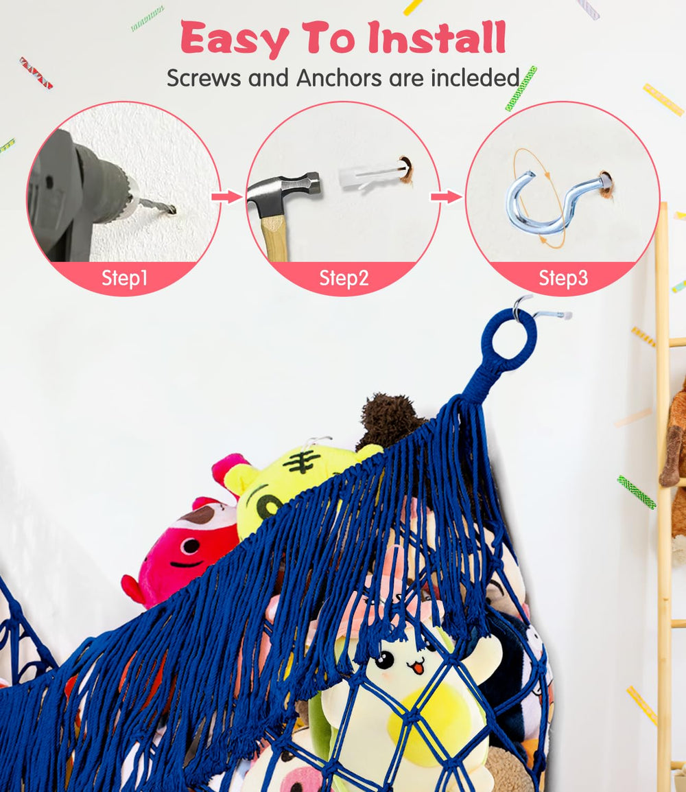 PrimZooty playroom organized-stuffed-animals-hammock keeps plush toys tidy and accessible.